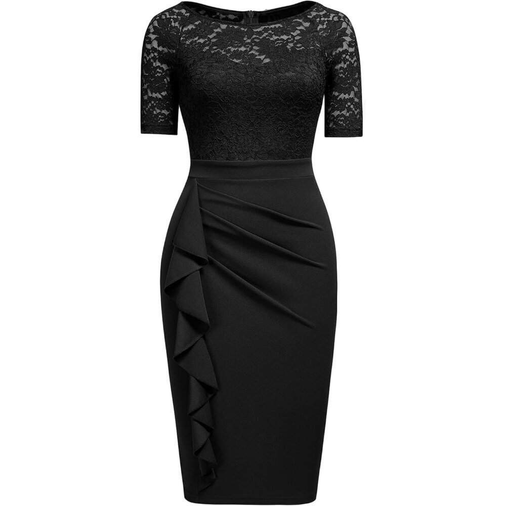 Women's Black Polyester Spandex Bodycon Cocktail Dress for Wedding Party